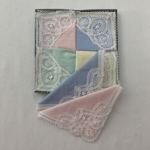 VTG Belgian Lace Trim Cocktail/Tea Napkins Boxed Set Of 6, 8-3/4" Square Linen